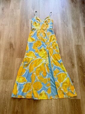 hutch mikayla blue & yellow floral print sequin embellished v-neck maxi dress XS